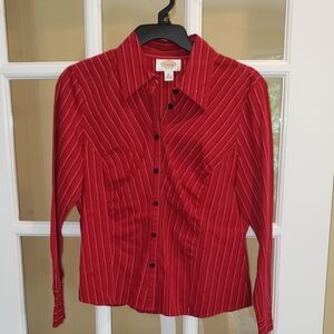 Talbots Red & Black/White Pin-Striped Fitted Button Down Shirt Size: 10P